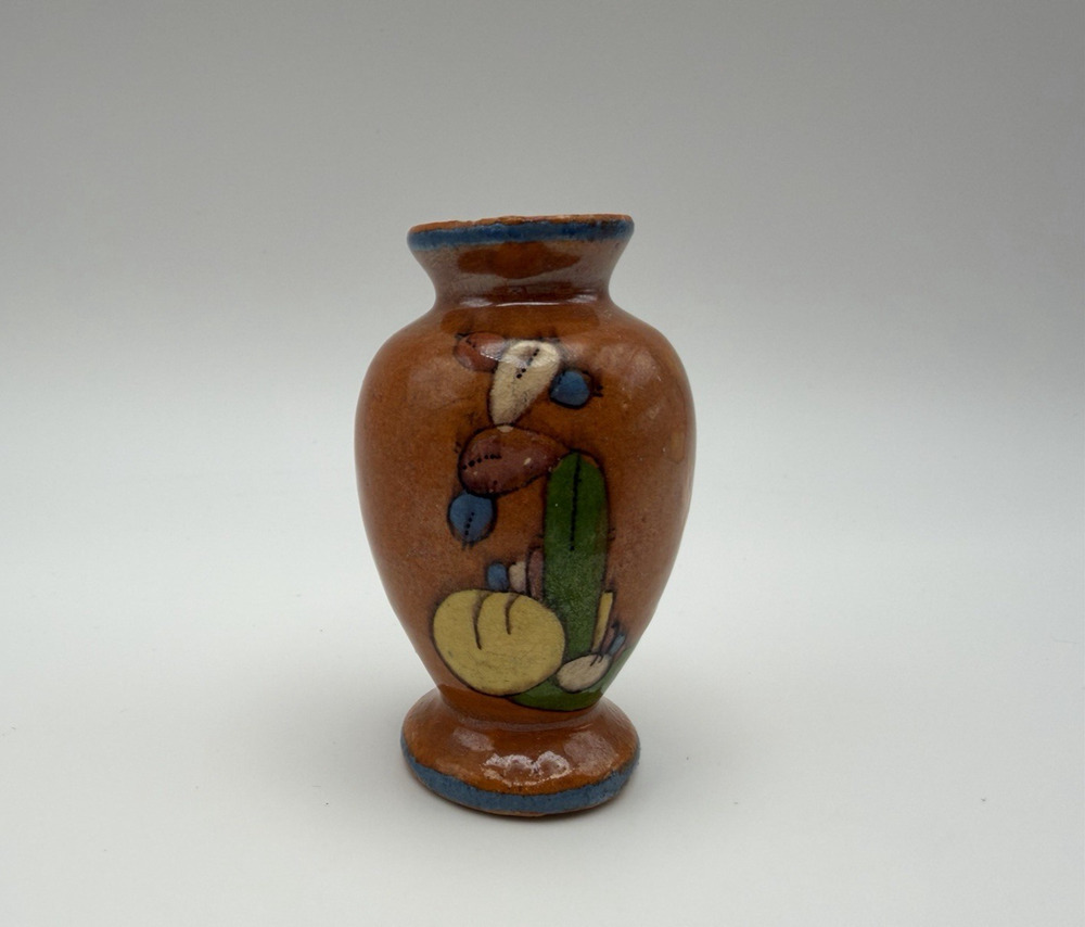 Mexican Folk Art Miniature Pot Hand Painted Floral Cacti Vintage Rustic Vase
